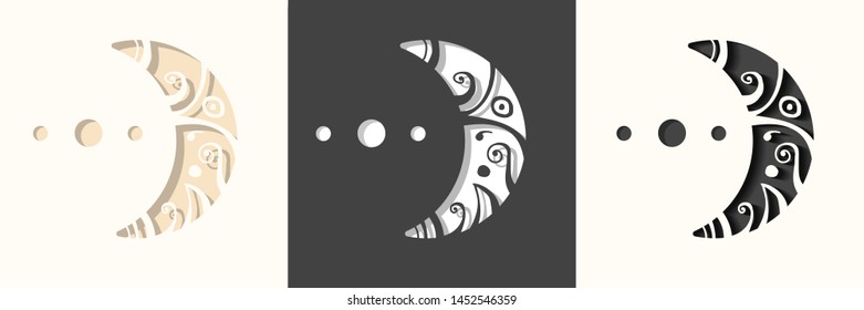 Set of three 3d paper cut crescents with decorative ornament.