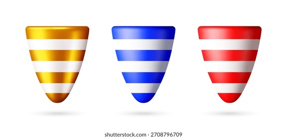 Set of three 3d party popper cone with stripped pattern. Celebration and holiday concept. Party accessory for festive event Vector illustration