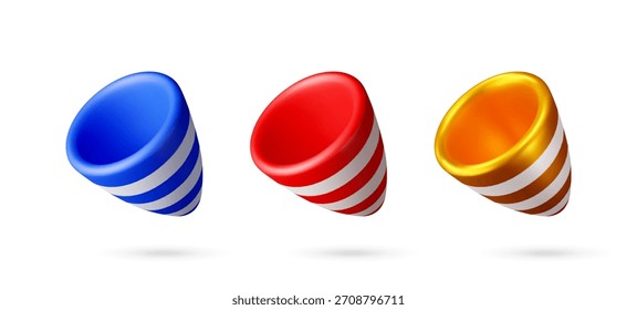 Set of three 3d party popper cone with stripped pattern. Celebration and holiday concept. Party accessory for festive event. Vector illustration