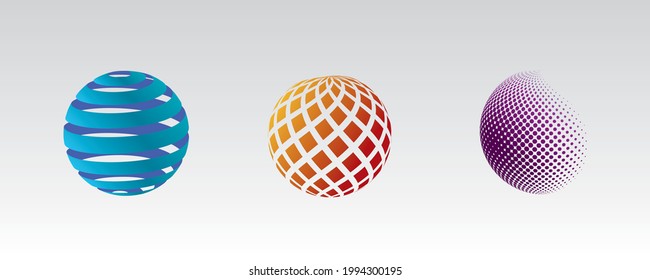 Set Of Three 3D Sphere Globe High Technology Digital Network. Vector Logo Design Template.
