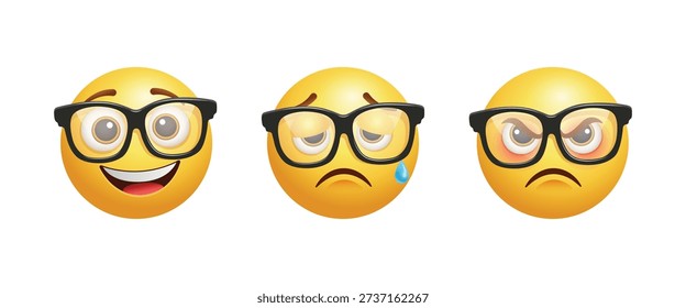 Set of Three 3D Style Emoji Characters Wearing Black Glasses with Happy Sad and Angry Expressions