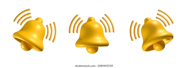 Set of three 3D yellow ringing bell icons with sound waves, isolated on a white background. Shiny metallic notification bell for alerts, reminders, and sound effects in digital communication.