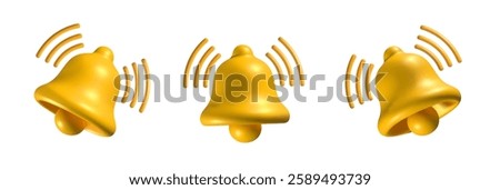 Set of three 3D yellow ringing bell icons with sound waves, isolated on a white background. Shiny metallic notification bell for alerts, reminders, and sound effects in digital communication.