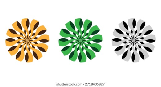Satz von drei abstrakten 3D-verdrillten Band-Mandalas in Orange, Grün und Graustufen. Symmetrische geometrische Spirallogos mit gefalteten Blütenblättereffekten, ideal für modernes Branding, Corporate Identity und Grafikdesign.