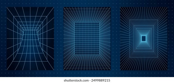 A set of three abstract 3D wireframe tunnels positioned on a dotted grid background. The geometric perspective portal shapes in a retro Y2K aesthetic combined with futuristic digital elements.