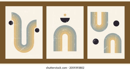 Set of three abstract aesthetic backgrounds with sun, Boho rainbow, waves, dots, thin lines. Trendy colorful vector illustration for social media, web design, in vintage style. Minimalist poster.
