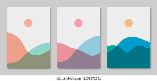 Set von drei abstrakten ästhetischen geometrischen modernen Landschaft Zeitgenössische Plakatdecke Vorlage. Minimale und natürliche Illustrationen für Kunstdruck, Postkarte, Tapete, Tapete