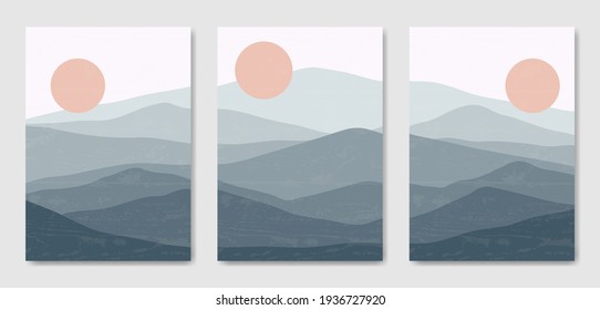 Set of three Abstract Aesthetic mid century modern landscape Contemporary boho poster cover template. Minimal and natural Illustrations for art print, postcard, wallpaper, wall art.