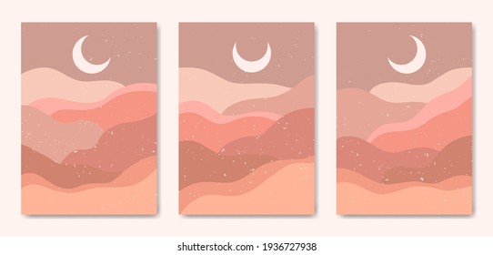 Set of three Abstract Aesthetic mid century modern landscape Contemporary boho poster cover template. Minimal and natural Illustrations for art print, postcard, wallpaper, wall art.