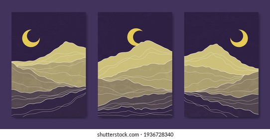 Conjunto de tres Abstract Aestética de mediados de siglo moderno paisaje Línea de plantilla de carteles boho contemporáneo. Ilustraciones mínimas y naturales para la impresión de arte, postales, papel pintado, arte mural.