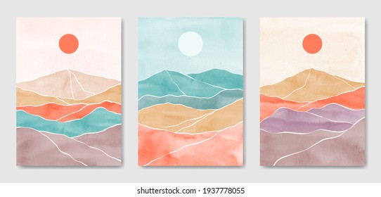 Set of three Abstract Aesthetic mid century modern colorful landscape Contemporary boho poster cover template. Minimal and natural Illustrations for art print, postcard, wallpaper, wall art