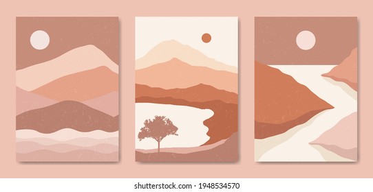 Set of three Abstract Aesthetic mid century modern landscape Contemporary boho poster cover template. Minimal and natural Illustrations for art print, postcard, wallpaper, wall art.