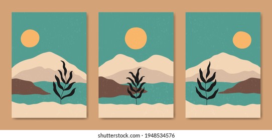Set of three Abstract Aesthetic mid century modern landscape Contemporary boho poster cover template. Minimal and natural Illustrations for art print, postcard, wallpaper, wall art.