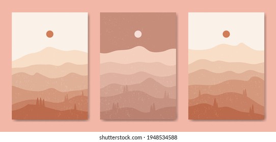 Set of three Abstract Aesthetic mid century modern landscape Contemporary boho poster cover template. Minimal and natural Illustrations for art print, postcard, wallpaper, wall art.