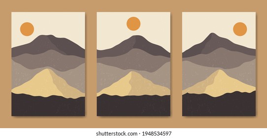 Set of three Abstract Aesthetic mid century modern landscape Contemporary boho poster cover template. Minimal and natural Illustrations for art print, postcard, wallpaper, wall art.