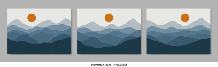 Set of three Abstract Aesthetic mid century modern landscape Contemporary boho poster cover template. Minimal and natural Illustrations for art print, postcard, wallpaper, wall art.
