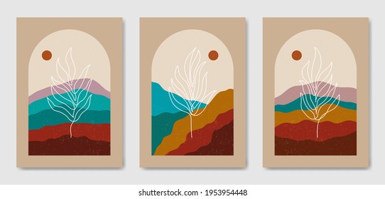 Set of three Abstract Aesthetic mid century modern landscape Contemporary boho poster cover template. Minimal and natural Illustrations for art print, postcard, wallpaper, wall art.