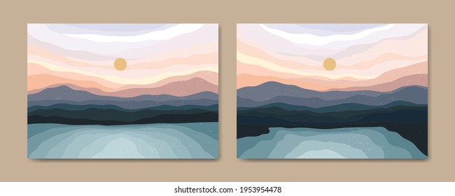 Set of three Abstract Aesthetic mid century modern landscape Contemporary boho poster cover template. Minimal and natural Illustrations for art print, postcard, wallpaper, wall art.