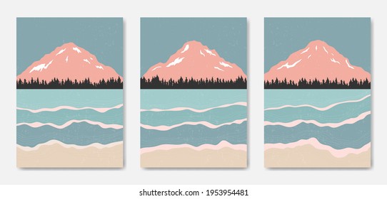 Conjunto de tres Abstract Aestética de mediados de siglo paisaje moderno Modelo de portada de póster boho contemporáneo. Ilustraciones mínimas y naturales para la impresión de arte, postales, papel pintado, arte mural.