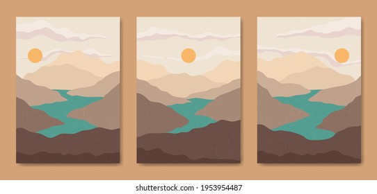 Set of three Abstract Aesthetic mid century modern landscape Contemporary boho poster cover template. Minimal and natural Illustrations for art print, postcard, wallpaper, wall art.