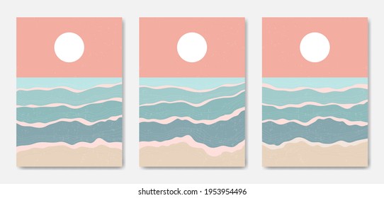 Set of three Abstract Aesthetic mid century modern landscape Contemporary boho poster cover template. Minimal and natural Illustrations for art print, postcard, wallpaper, wall art.