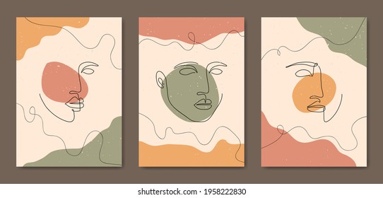 Set of three Abstract Aesthetic mid century modern line art face Contemporary boho poster cover template. Minimal and natural Illustrations for art print, postcard, wallpaper, wall art.