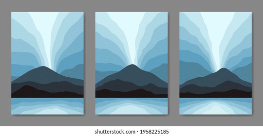 Set of three Abstract Aesthetic mid century modern landscape Contemporary boho poster cover template. Minimal and natural Illustrations for art print, postcard, wallpaper, wall art.