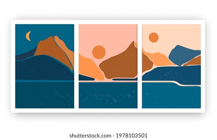 Set of three abstract aesthetic mid century modern landscape during various times of day. Trendy contemporary design. Futuristic wall art decor. Flat abstract metaphor cartoon vector concept.