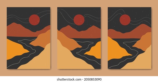 Set of three Abstract Aesthetic mid century modern landscape Contemporary boho poster cover template. Minimal and natural Illustrations for art print, postcard, wallpaper, wall art.	