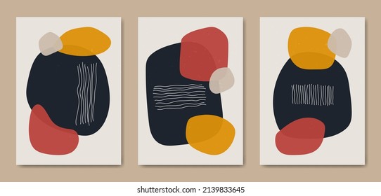 Set of three Abstract Aesthetic mid century modern shape Contemporary boho poster cover template. Minimal and natural Illustrations for art print, postcard, wallpaper, wall art