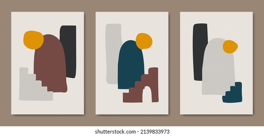 Set of three Abstract Aesthetic mid century modern shape Contemporary boho poster cover template. Minimal and natural Illustrations for art print, postcard, wallpaper, wall art