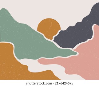 Set of three Abstract Aesthetic mid century modern landscape Contemporary boho poster cover template. Minimal and natural Illustrations for art print, postcard, wallpaper, wall art.