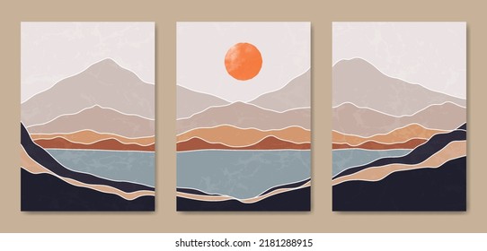 Set of three Abstract Aesthetic mid century modern landscape Contemporary boho poster cover template. Minimal and natural Illustrations for art print, postcard, wallpaper, wall art, home decor.	