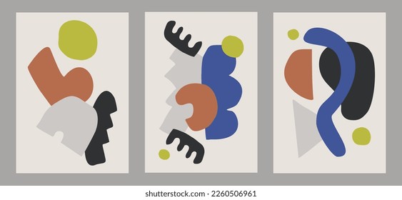 Conjunto de tres estéticos abstractos de estilo moderno de mediados de siglo plantilla de portada de póster boho contemporáneo
