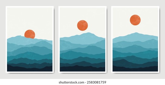 Set of three Abstract Aesthetic mid century modern Contemporary Mountain views poster. Minimal and natural Illustrations for art print, postcard, wallpaper, wall art, home decor