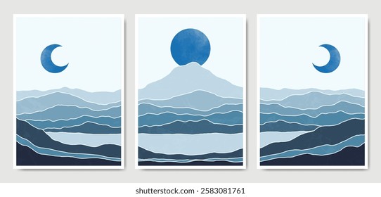 Set of three Abstract Aesthetic mid century modern Contemporary Mountain views poster. Minimal and natural Illustrations for art print, postcard, wallpaper, wall art, home decor