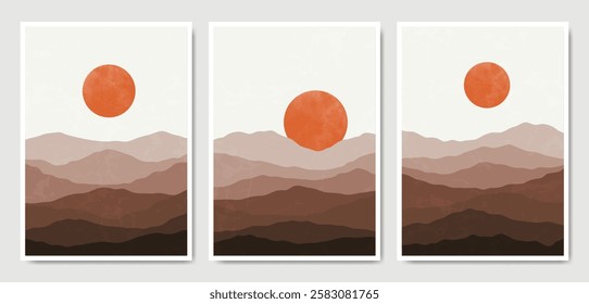 Set of three Abstract Aesthetic mid century modern Contemporary Mountain views poster. Minimal and natural Illustrations for art print, postcard, wallpaper, wall art, home decor