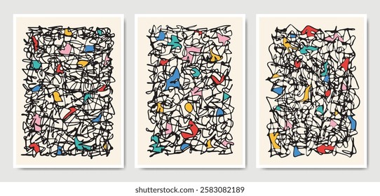 Set of three Abstract Aesthetic mid century modern Contemporary scribble poster. Minimal and natural Illustrations for art print, postcard, wallpaper, wall art, home decor