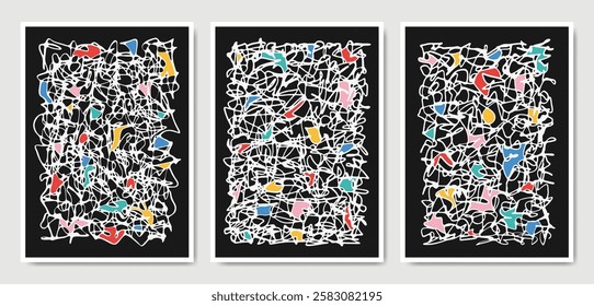 Set of three Abstract Aesthetic mid century modern Contemporary scribble poster. Minimal and natural Illustrations for art print, postcard, wallpaper, wall art, home decor