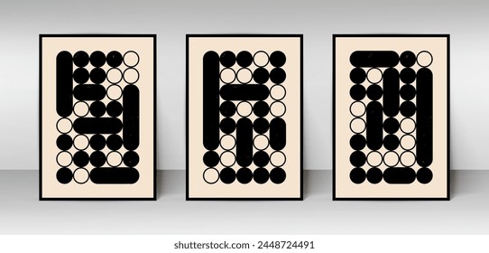 Set of three Abstract Aesthetic modern geometric shape Contemporary poster cover template. Minimalism risograph Illustrations for art print, postcard, wallpaper, wall art, decoration, wall decor