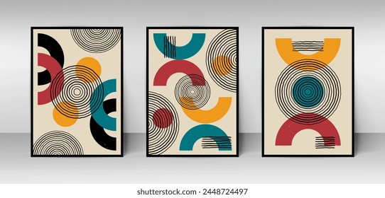 Set of three Abstract Aesthetic modern geometric shape Contemporary boho poster cover template. Minimal and natural Illustrations for art print, postcard, wallpaper, wall art, decoration, wall decor