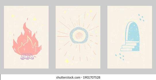 Set of three abstract aesthetic pastel backgrounds with sun lights, stars, bonfire, arc, dots, thin lines. Trendy colorful vector illustration for social media, wed design, in Boho vintage style.