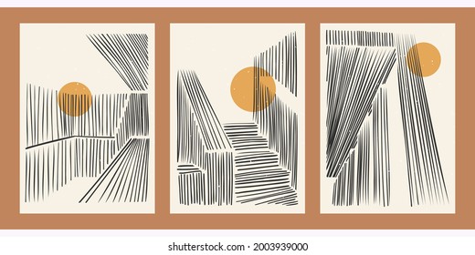 Un conjunto de tres abstractos antecedentes arquitectónicos minimalistas. Ilustraciones dibujadas a rayas para la decoración de paredes, postales o folletos, diseño de portadas, narración, medios sociales, diseño de aplicaciones.