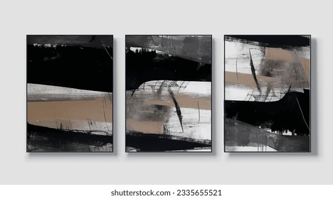 A set of three abstract art paintings. wall art, mural, modern design, fine art, vector