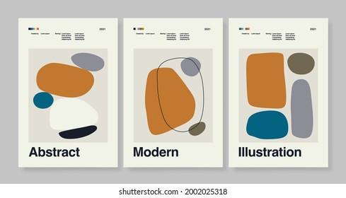 Set of three abstract art poster. Boho posters. Hand drawn various shapes and doodle objects. Contemporary modern trendy Vector illustrations. Every background is isolated