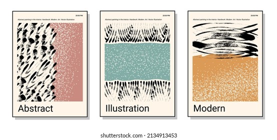 Set of three abstract art poster. Boho posters. Hand drawn various shapes and doodle objects. Contemporary modern trendy Vector illustrations. Every background is isolated.