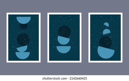 Set of three abstract art poster. Boho posters. Hand drawn various shapes and doodle objects. Contemporary modern trendy Vector illustrations. Every background is isolated