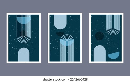Set of three abstract art poster. Boho posters. Hand drawn various shapes and doodle objects. Contemporary modern trendy Vector illustrations. Every background is isolated