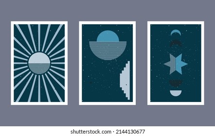 Set of three abstract art poster. Boho posters. Hand drawn various shapes and doodle objects. Contemporary modern trendy Vector illustrations. Every background is isolated