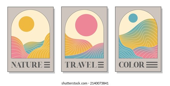 Set of three abstract art posters. Nature and sunset. Hand drawn various shapes and lines. Modern trendy vector illustration. Each background is isolated.